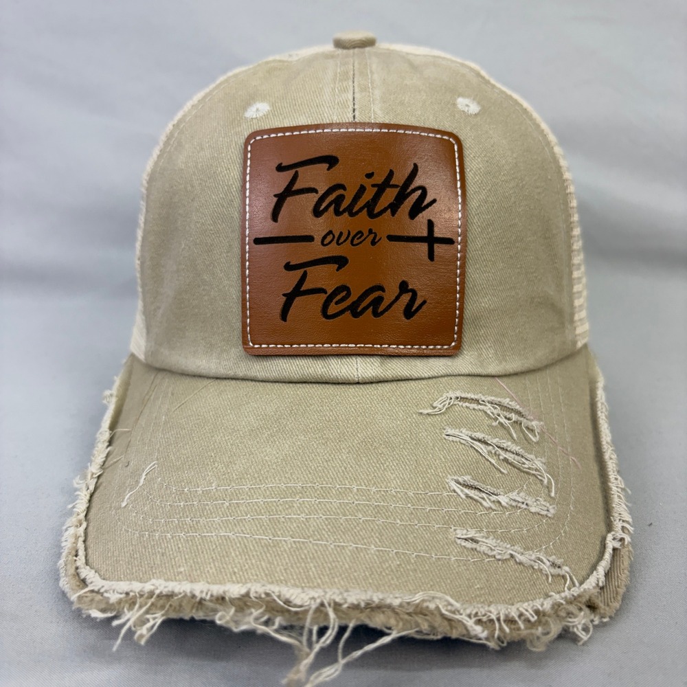 Faith Over Fear Christian Cross Distressed Trucker Hat Snapback Leather Patch